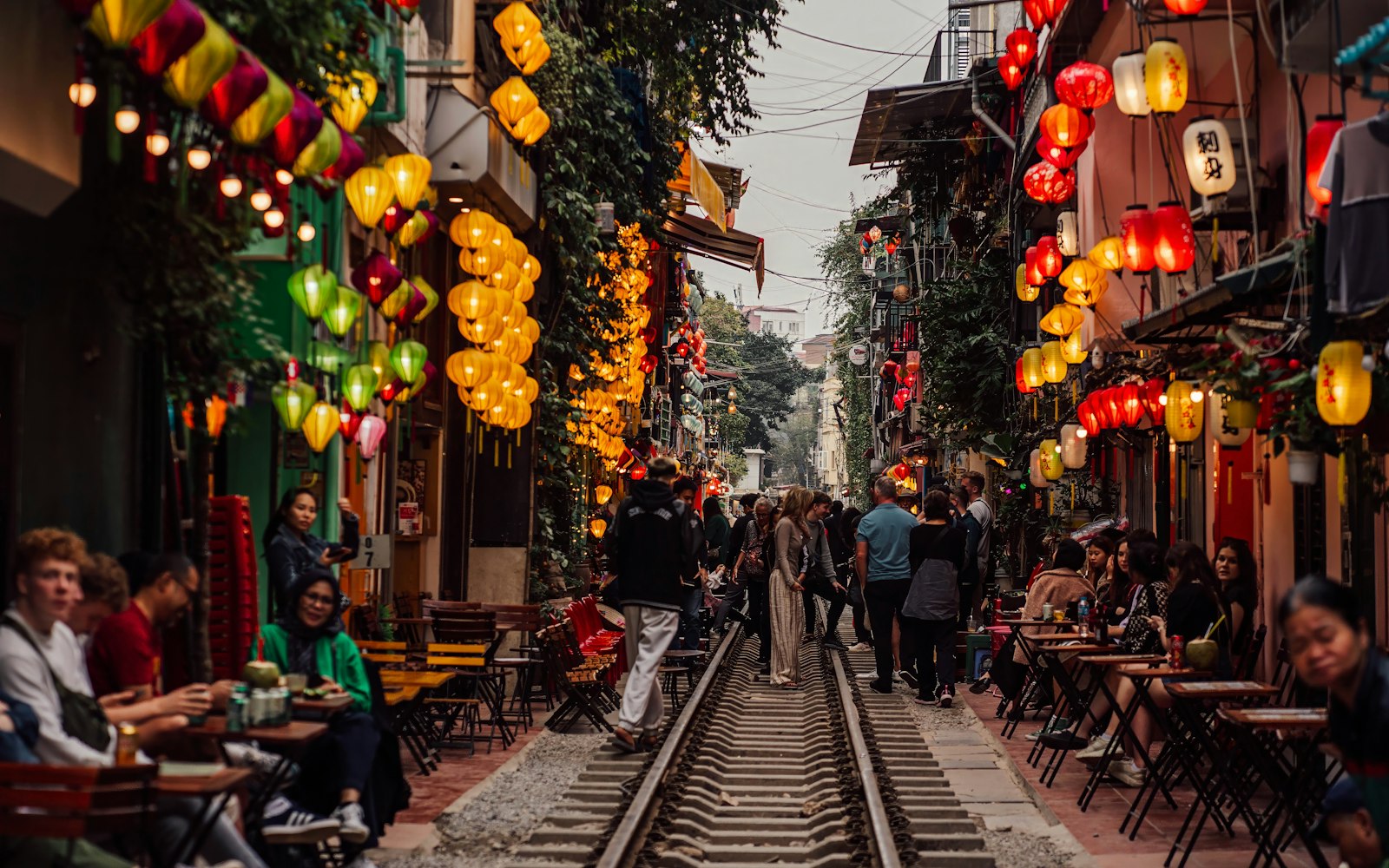 Narrow lantern-strung streets of the Old Quarter in Hanoi, Vietnam